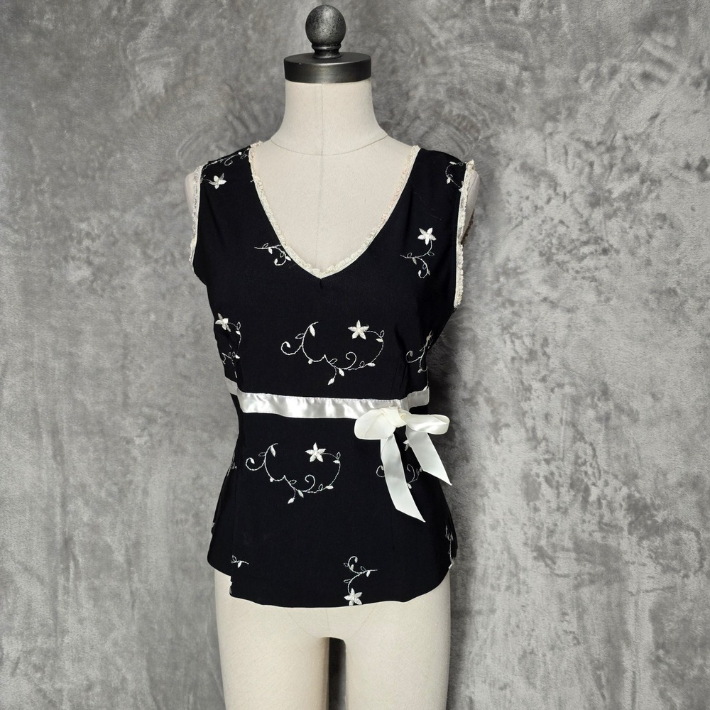 Charlotte Russe Tank Top Women L Black Floral Embroidered Ribbon Bow Y2K Fairy